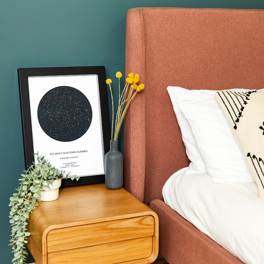 Black and white personalised Star Map print displayed in a quality Black picture frame 